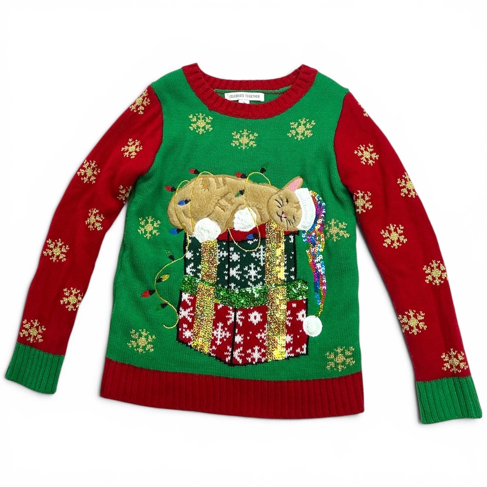 Celebrate Together Green Red Christmas Cat Sweater Kids M 8 Sequin Snowflake